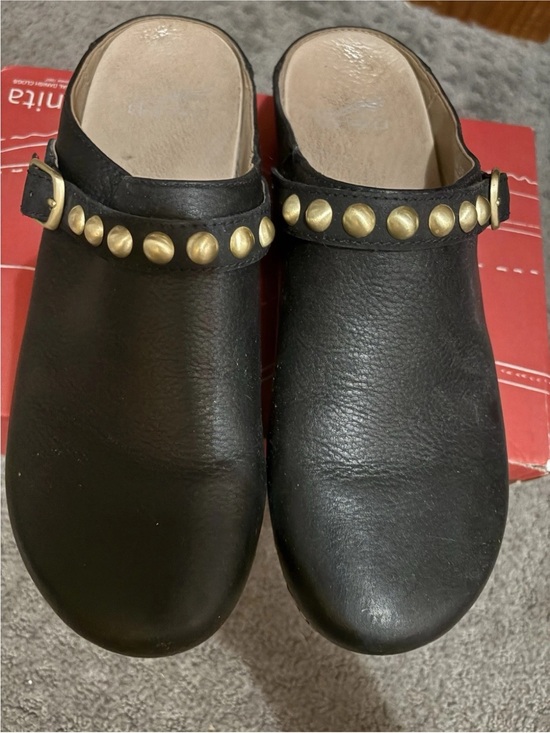 Dansko Shoes - Dansko Black Leather Studded Clogs with Gold Accents